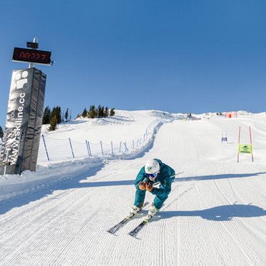 Skifahrer bei der Durchfahrt durch eines Rennparkur
