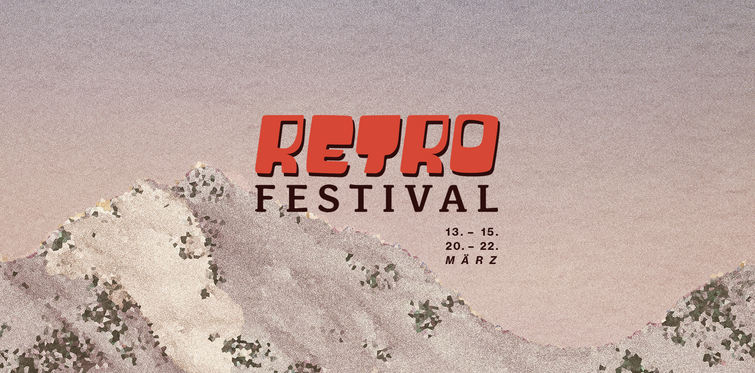 Schriftzug „Retro Festival“ in auffälliger, roter Typografie vor einem körnigen, sand- oder kiesartigen Hintergrund, minimalistisch gestaltet.