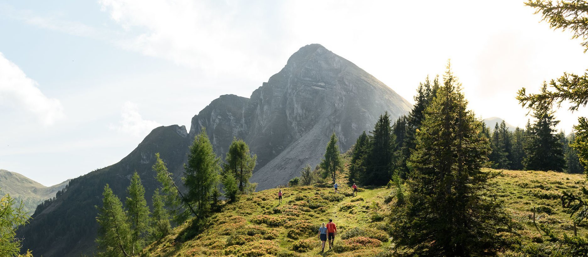 Eine Gruppe von Wanderern erkundet eine grüne Berglandschaft, umgeben von majestätischen Bergen und strahlendem Sonnenlicht.